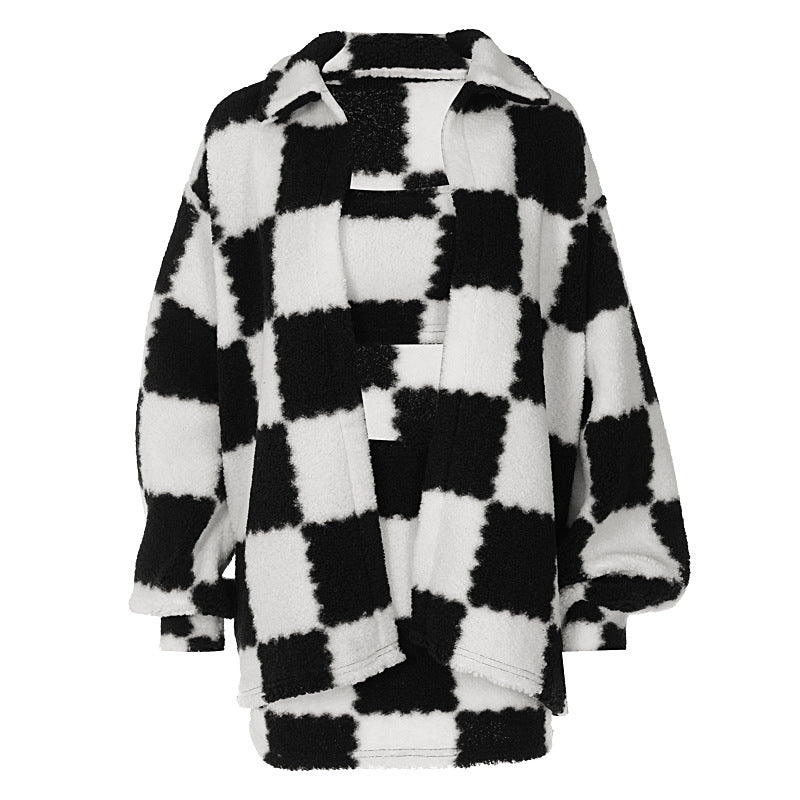 Luxe Black And White Plaid Thickened Coat