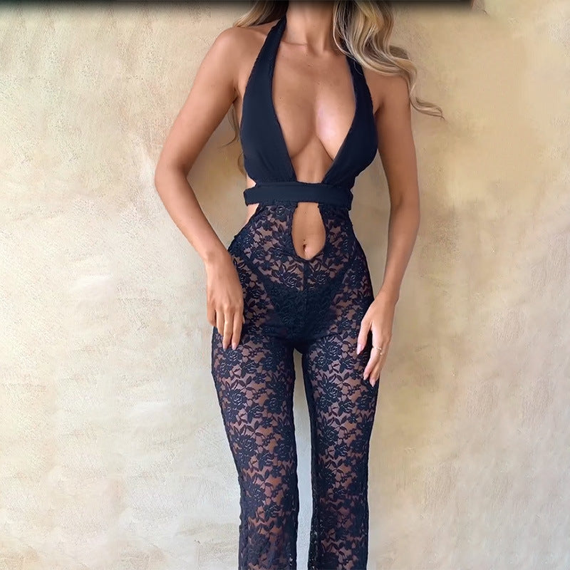 Luxe Slim Hollow Deep V Lace Jumpsuit